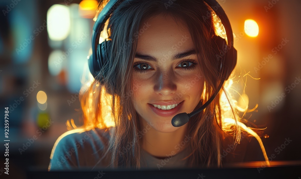 call center women smiled working and providing service with courtesy and attention front of laptop with blurred team working and lens flare and bokeh in office with soft dark tone call center women smiled working and providing service with courtesy and attention front of laptop with blurred team working and lens flare and bokeh in office with soft dark tone