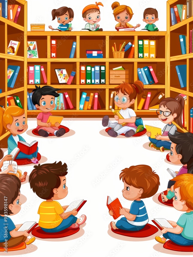 Colorful Back to School Frame Background with Children Reading in a Library - Perfect for Educational and Learning Themes Colorful Back to School Frame Background with Children Reading in a Library - Perfect for Educational and Learning Themes