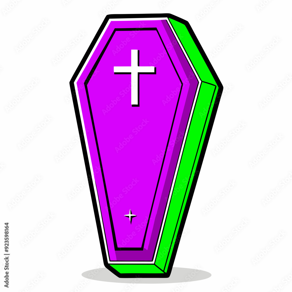 Obraz premium Cartoon Pink and Green Coffin with White Cross in Halloween Design