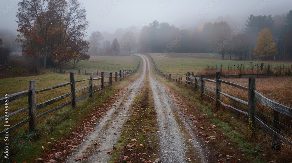 Foggy autumn morning on a gravel path winding through a rural landscape with trees Foggy autumn morning on a gravel path winding through a rural landscape with trees