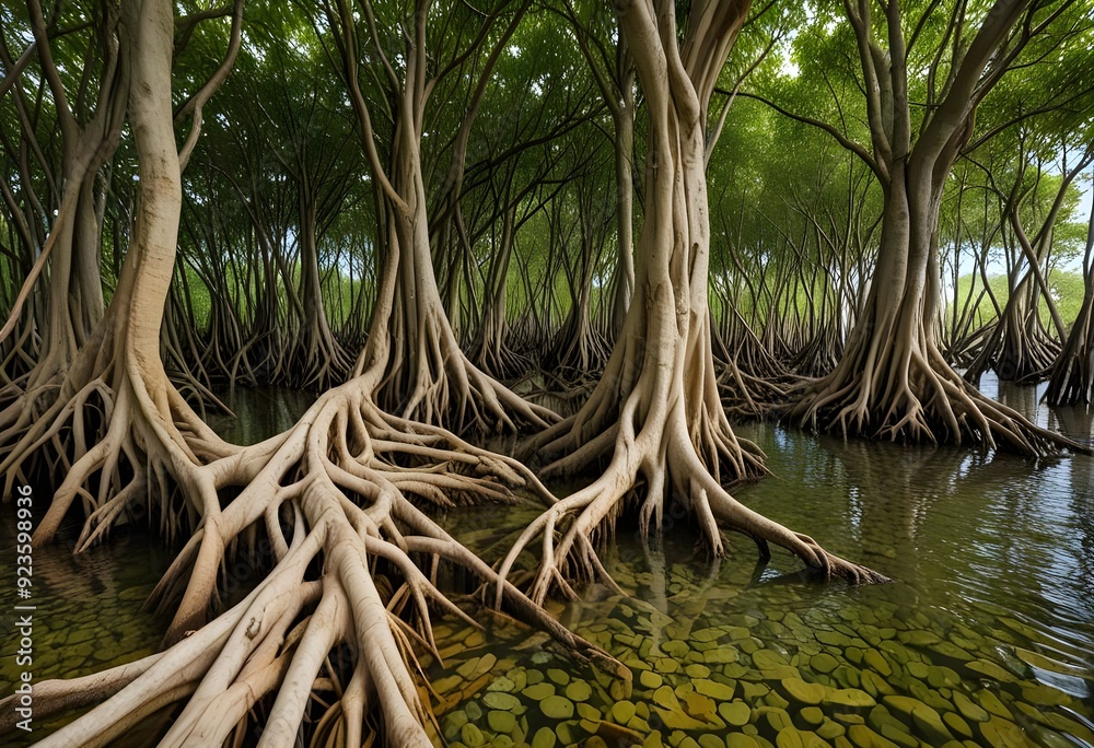 A tree forest, with roots weaving intricate patterns in tidal waters. add green A tree forest, with roots weaving intricate patterns in tidal waters. add green
