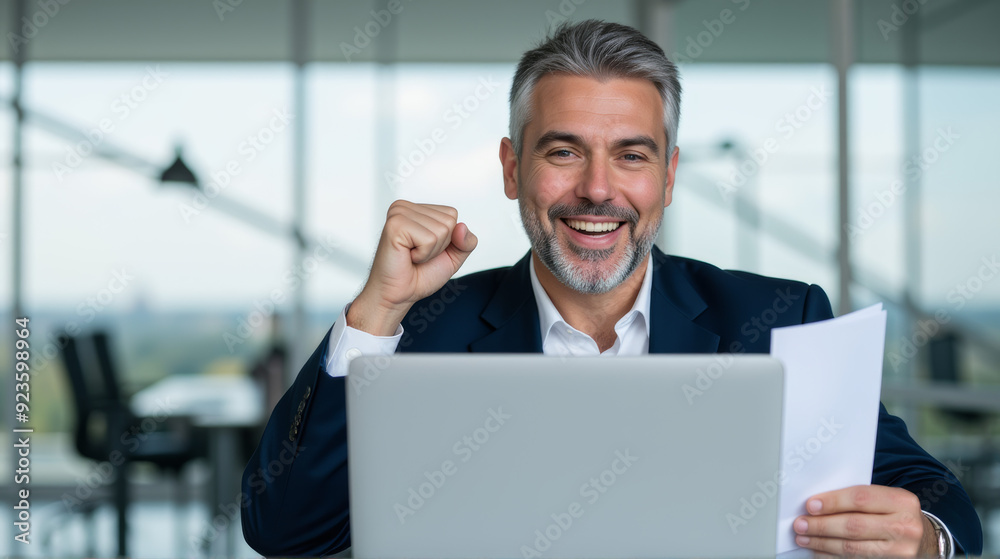 A confident businessman in a modern office, smiling and raising his fist in triumph while working on a laptop, signaling a successful outcome. A confident businessman in a modern office, smiling and raising his fist in triumph while working on a laptop, signaling a successful outcome.
