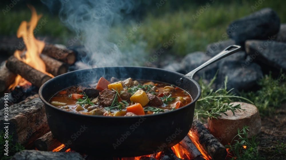 A steaming pot of savory stew simmers over the campfire bursting with the flavors of wild herbs foraged from the surrounding area. A steaming pot of savory stew simmers over the campfire bursting with the flavors of wild herbs foraged from the surrounding area.