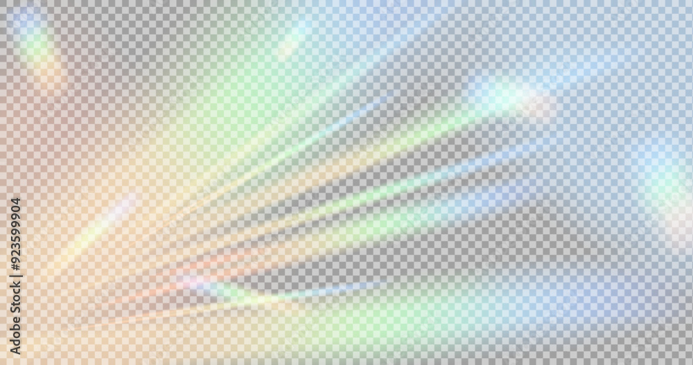 Reflected rainbow stripes, refraction of light, sun glare, light glare. Crystal light flare reflection. Rainbow lights, streak overlay. Reflection light prism effect on transparent background.