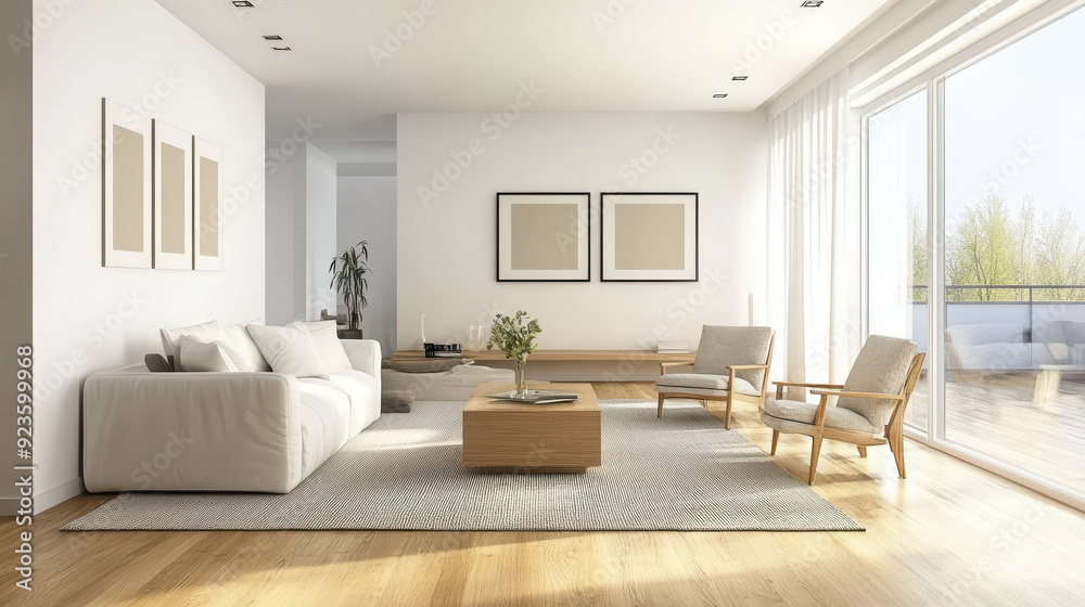 Fototapeta premium A minimalist living room with a clean design and simple decor, highlighting a tidy and organized lifestyle.