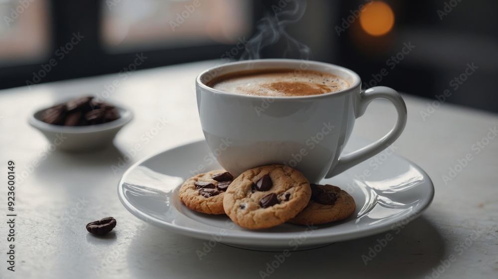 cup of coffee with cookies on a white table. cup of coffee with cookies on a white table.
