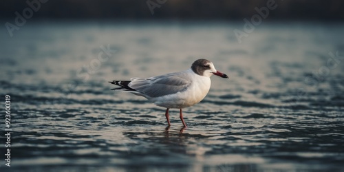 Black-headed gull wading gracefully in shallow waters.