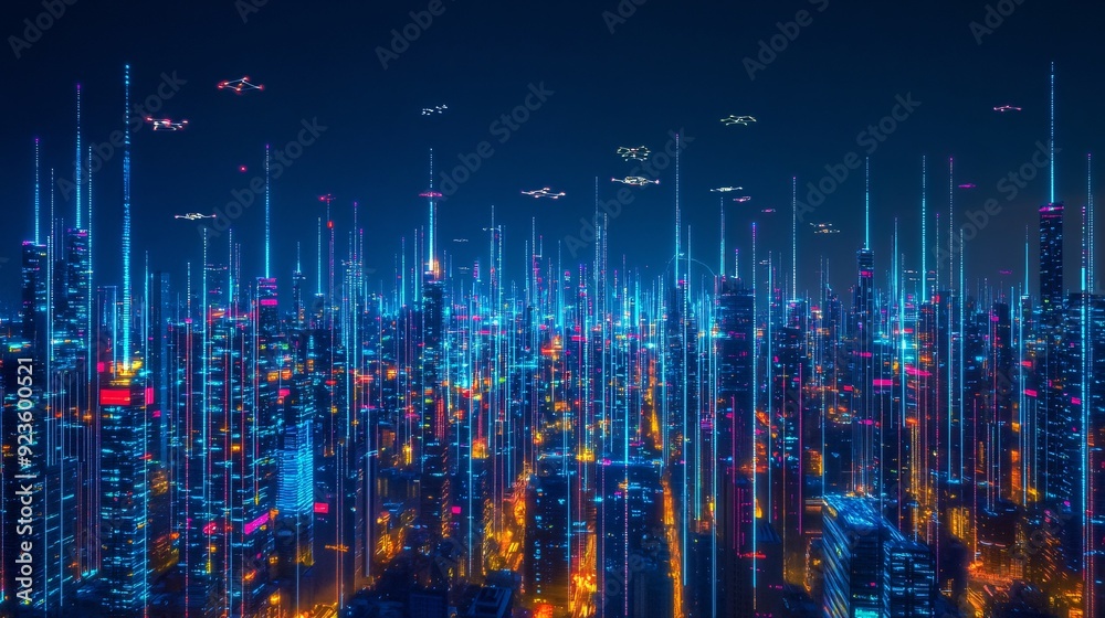 An array of towering skyscrapers, their facades covered in interactive displays, pierce a night sky alive with drones and flying vehicles. Light trails crisscross the urban landscape, representing An array of towering skyscrapers, their facades covered in interactive displays, pierce a night sky alive with drones and flying vehicles. Light trails crisscross the urban landscape, representing
