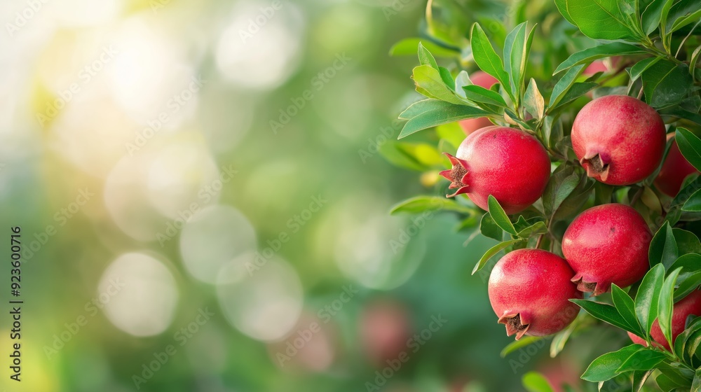 Ripe pomegranates growing on a tree in a sunlit garden during late summer. Ripe pomegranates growing on a tree in a sunlit garden during late summer.