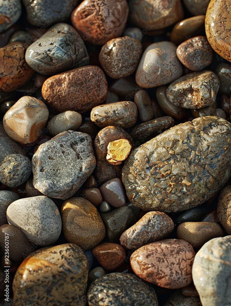 realistic wallpaper of a small gold nugget among rocks in a stream ...