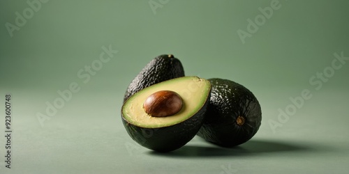 Avocado halves close up on a light green background vegan diet minimal concept.