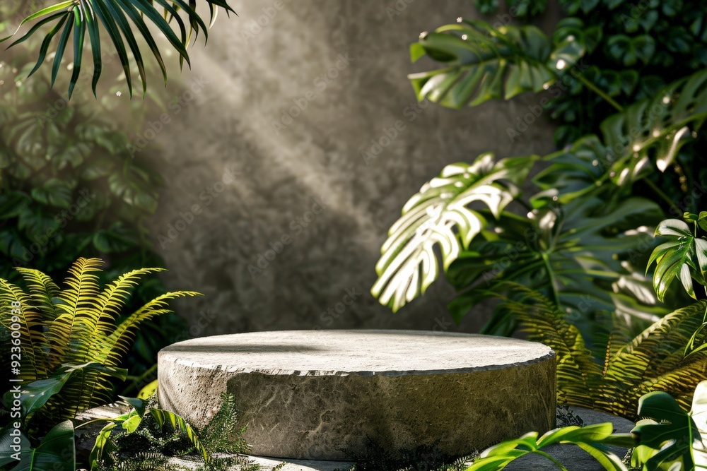 A serene outdoor setting with a stone platform surrounded by lush greenery and plants. A serene outdoor setting with a stone platform surrounded by lush greenery and plants.