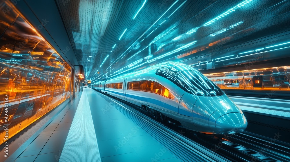 Futuristic Railway Station with Transparent Trains and Glowing Displays Emphasizing Efficient Rail Transport in Urban Cityscape Futuristic Railway Station with Transparent Trains and Glowing Displays Emphasizing Efficient Rail Transport in Urban Cityscape