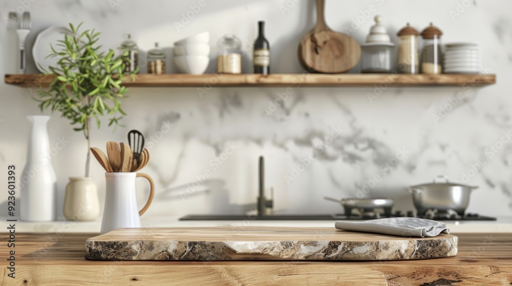 Stylish marble table on wooden platform with space for documents and kitchen utensils and blurred plates and bowls on light wall background. Stylish marble table on wooden platform with space for documents and kitchen utensils and blurred plates and bowls on light wall background.