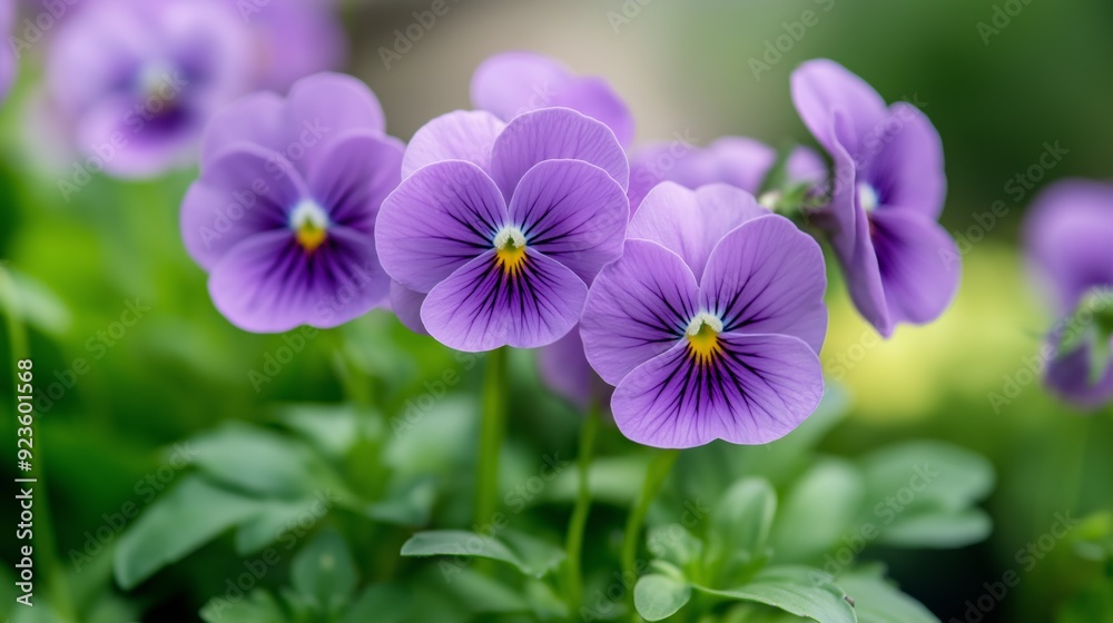 Vibrant purple pansies blooming in a lush garden during springtime. Vibrant purple pansies blooming in a lush garden during springtime.