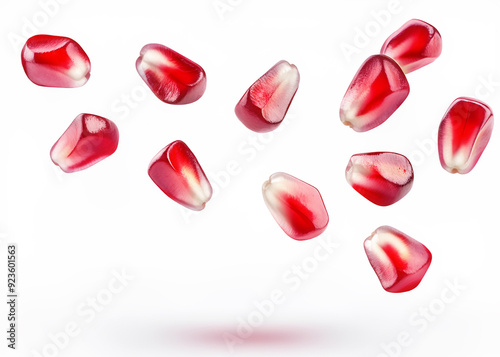 The rich and vibrant image of whole and sliced pomegranates suspended in the air, displaying their juicy seeds and deep red color, the theme of antioxidants and health.