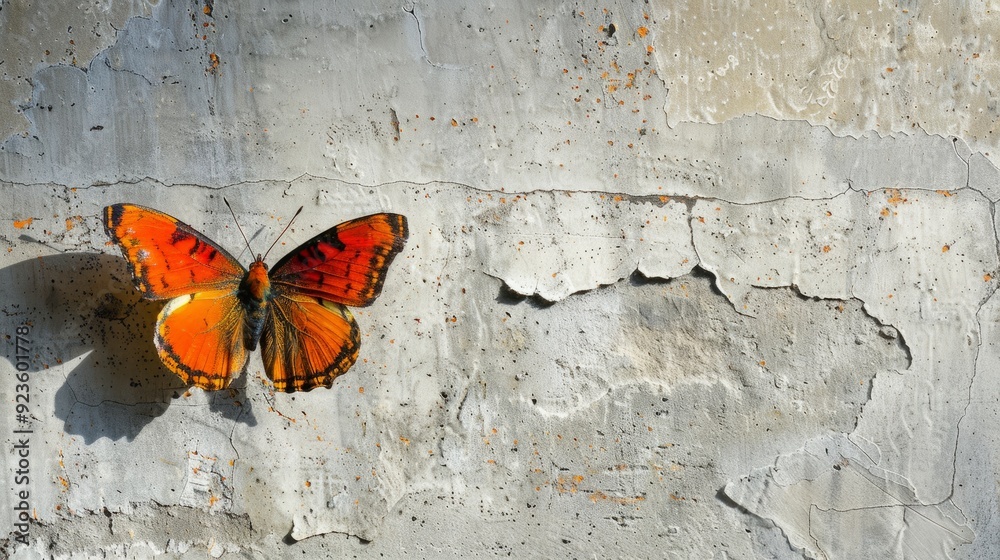 Orange butterfly resting on a weathered concrete wall in natural light Orange butterfly resting on a weathered concrete wall in natural light