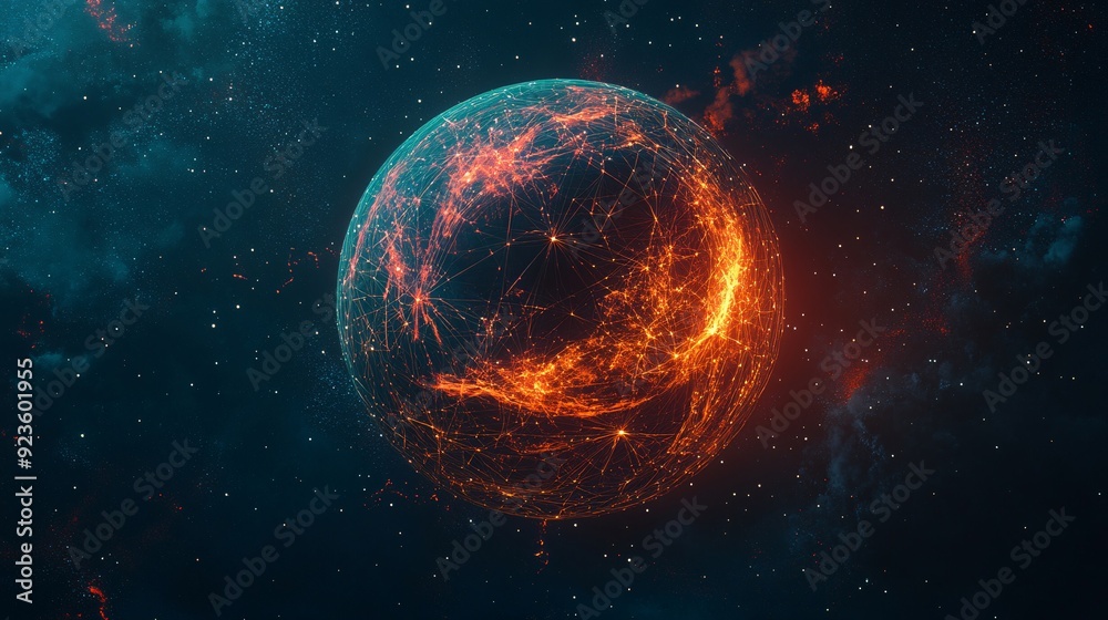 An intricate network of glowing lines and nodes covers the surface of a planet, representing the interconnectedness of life and technology on a global scale. Use vibrant colors and a sense of depth