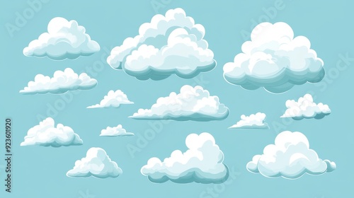 Collection of white cartoon clouds in a flat design. 