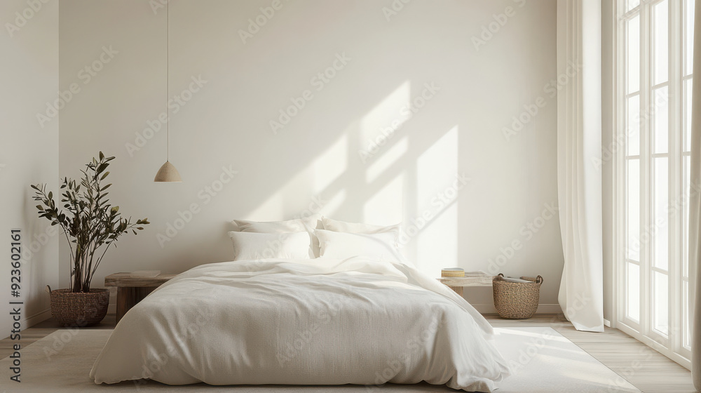 Fototapeta premium A serene and organized bedroom with a minimalist design and neutral tones, reflecting a peaceful and simple lifestyle.