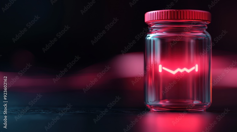 This image shows a clear jar containing a red, glowing symbol, set on a dark surface. The red light creates a futuristic, intriguing, and mysterious atmosphere. This image shows a clear jar containing a red, glowing symbol, set on a dark surface. The red light creates a futuristic, intriguing, and mysterious atmosphere.