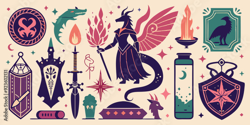 Fantasy linocut stamp set, fairy tale engraving vector dragon, magic female knight silhouette, spell. Mystic logotype collection, spiritual symbol, potion icon wizard sword. Witchcraft fantasy linocut