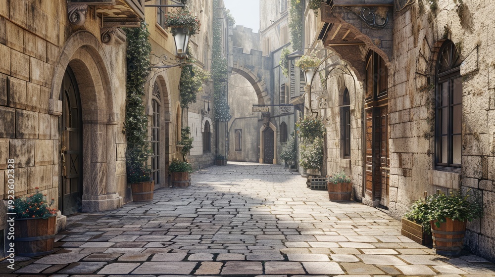 Fototapeta premium Charming cobblestone alley in a historic village bathed in morning light