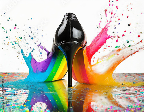 ilustración de zapato de tacón negro creando splash con bandera de arcoiris, charco de colores