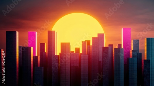 A vibrant sunset over a futuristic city skyline, highlighting tall buildings silhouetted against a colorful sky.