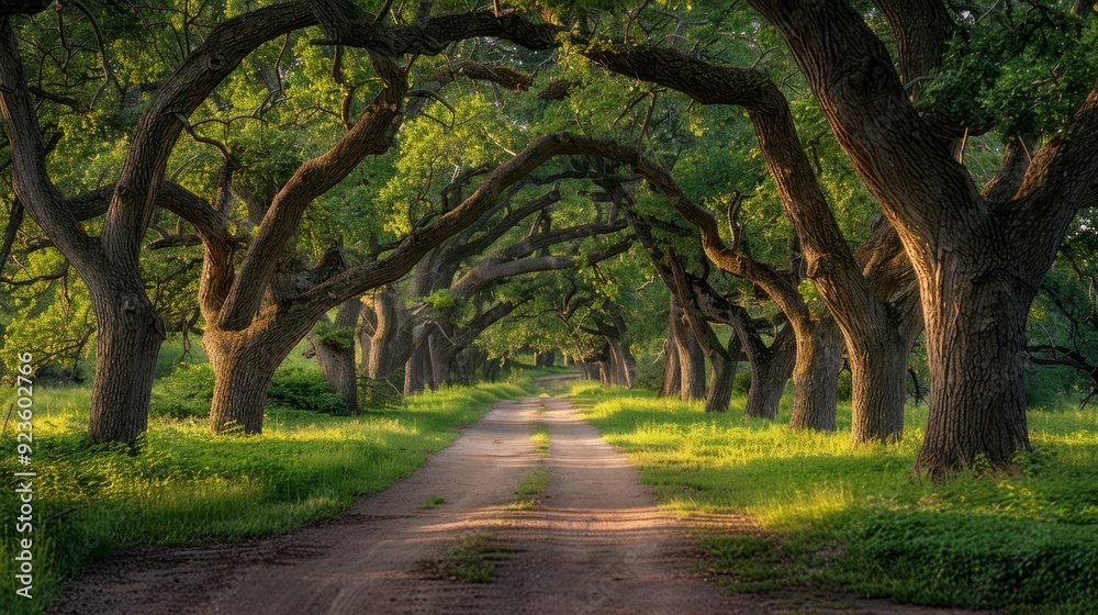 Naklejka premium Sunlit pathway through tree-lined avenue during early morning in a lush green forest