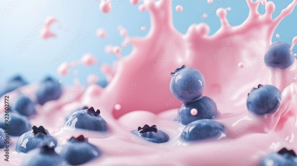 Fresh blueberries splash in pink yogurt creating a vibrant, visually striking mix in a bright setting. Fresh blueberries splash in pink yogurt creating a vibrant, visually striking mix in a bright setting.