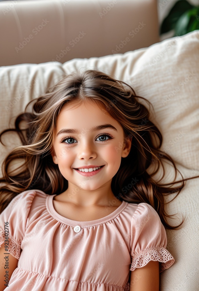 a cute little girl lying on a sofa at home. a cute little girl lying on a sofa at home.