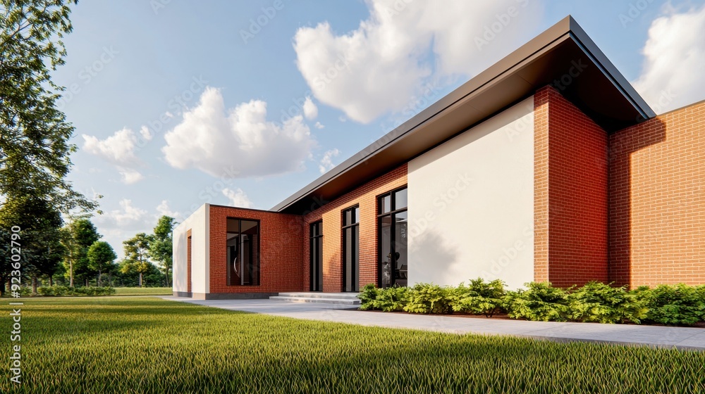 Modern architectural design showcasing a sleek building in a lush green landscape under a clear blue sky. Modern architectural design showcasing a sleek building in a lush green landscape under a clear blue sky.