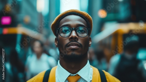 A young man wearing glasses and yellow attire stands confidently in the midst of a bustling city street, his determined expression reflecting focus amidst the urban chaos. photo