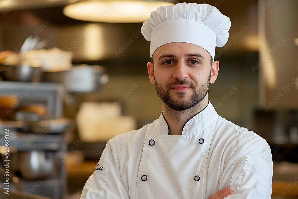 Portrait of Young handsome chef in white outfit with crossed arms looking at camera