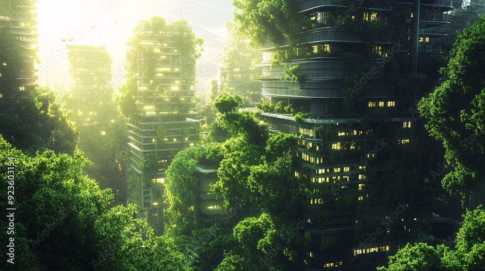 Fototapeta premium A futuristic cityscape, overgrown with lush vegetation and towering trees that pierce the sky. Buildings seamlessly blend with nature, their facades covered in climbing vines and glowing moss. The
