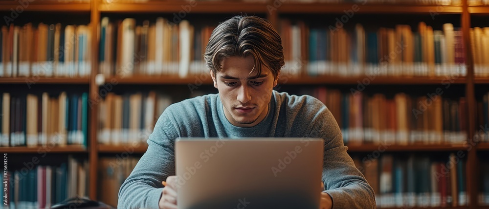 Young man student study in the school library with blurred student background. He using laptop and learning online Young man student study in the school library with blurred student background. He using laptop and learning online