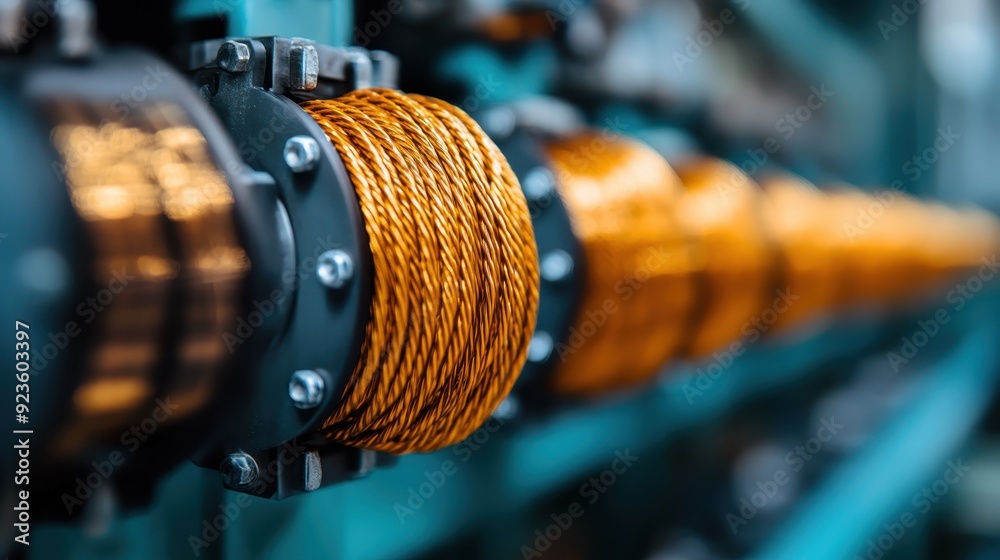 Obraz premium Detailed view of orange wire on a spool in an industrial assembly line, highlighting the precision and organization of modern manufacturing and the vivid hues used in production.