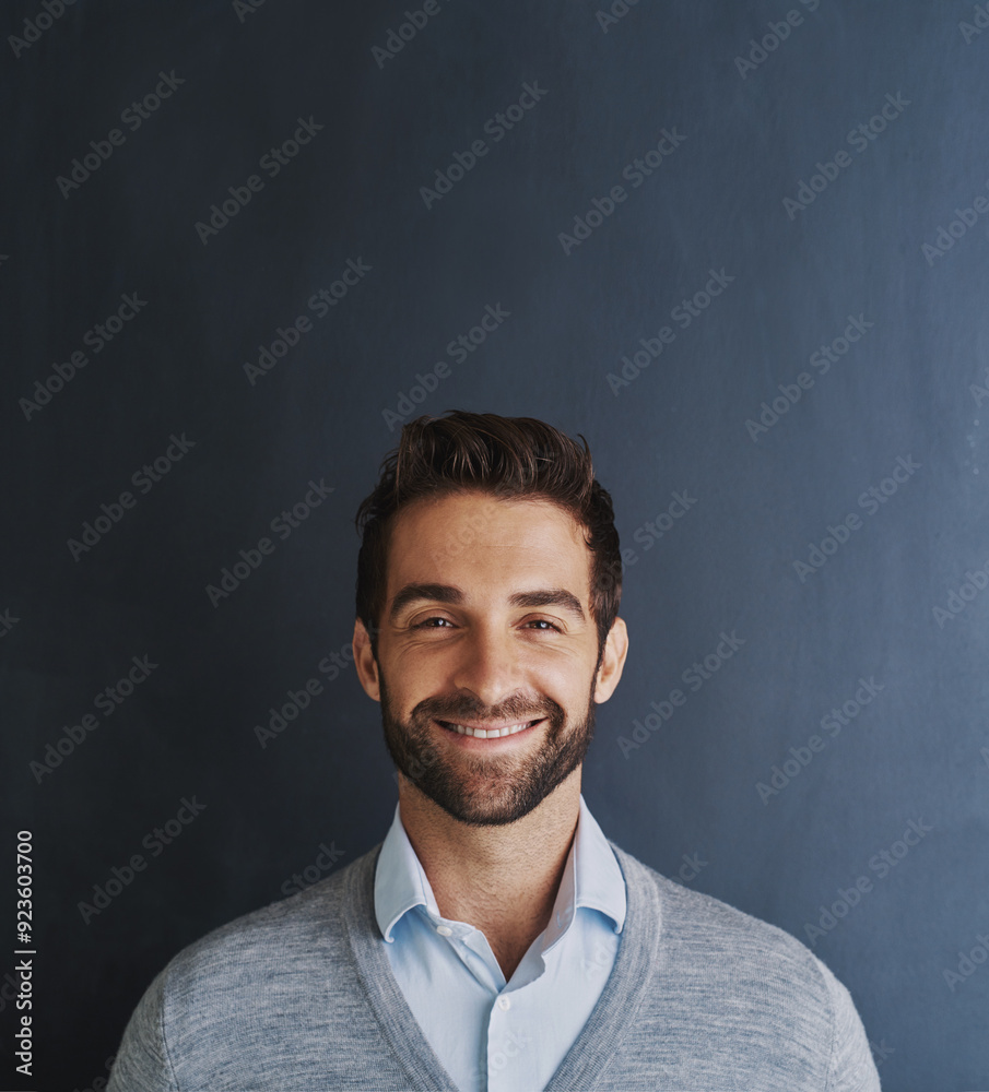 Studio, happiness and businessman in portrait for fashion, casual clothes and confidence for profession. Career, sales person and smile with pride for corporate, cool style and isolated background