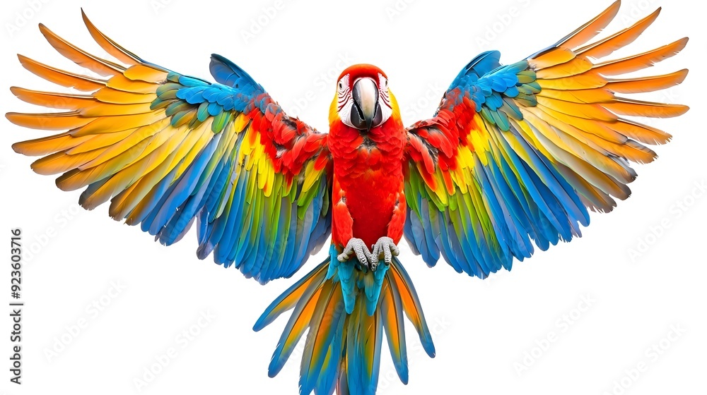 Obraz premium Vibrant Macaw with Outstretched Colorful Feathers against Plain White Background