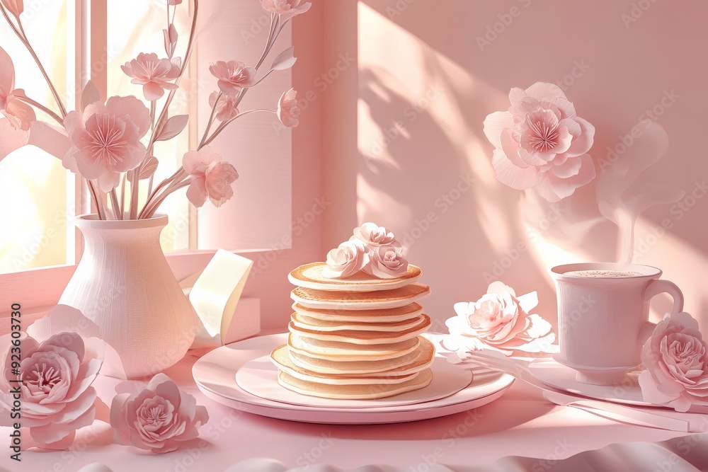 Stack of pancakes with flowers on a pastel table setting, creating a serene and cozy morning scene. Stack of pancakes with flowers on a pastel table setting, creating a serene and cozy morning scene.