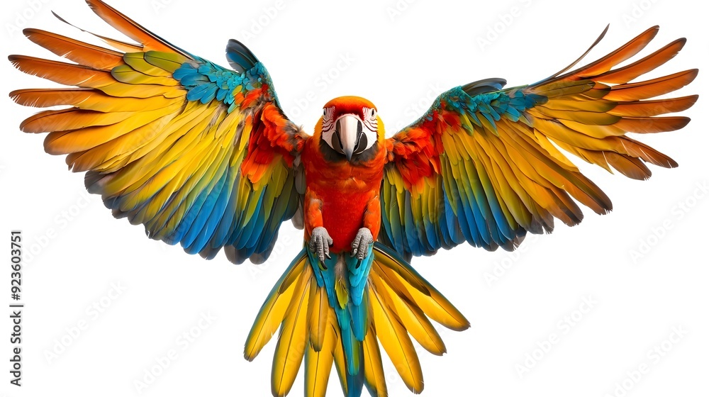 Obraz premium Vibrant and Captivating Macaw with Outstretched Colorful Feathers Against Plain White Background