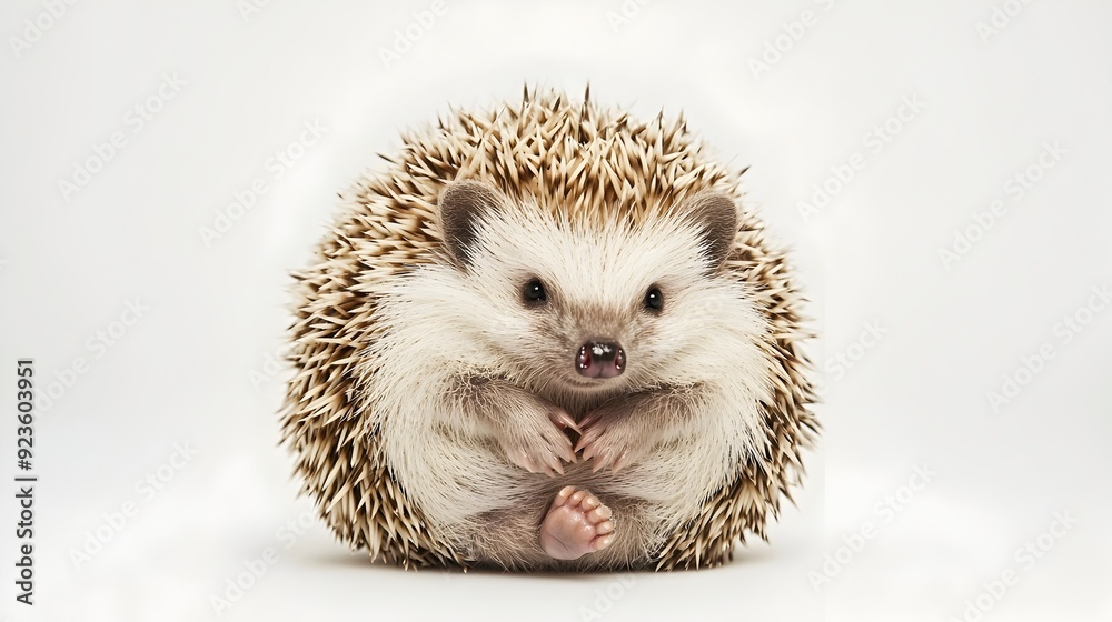 Obraz premium Adorable Hedgehog Curled into Protective Ball Against White Backdrop