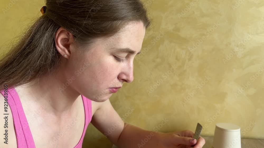 Woman enjoying spoonful of food. Contently focused on meal. Dining in a serene environment, absorbed in the eating process Woman enjoying spoonful of food. Contently focused on meal. Dining in a serene environment, absorbed in the eating process