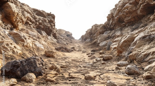 Dry riverbed in rocky canyon surrounded by cliffs during midday sunlight