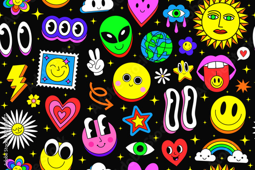 Cool Y2k Cute Seamless Pattern Stickers Collage. Cartoon Style Comic Texture. Funny Pop Art Groovy Illustration. Funky Background.