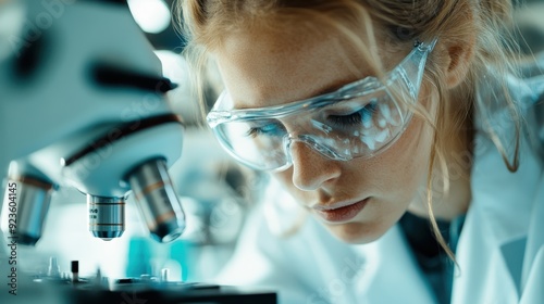 A scientist in a white lab coat and safety goggles is focused on observing samples through a microscope while working in a research laboratory.