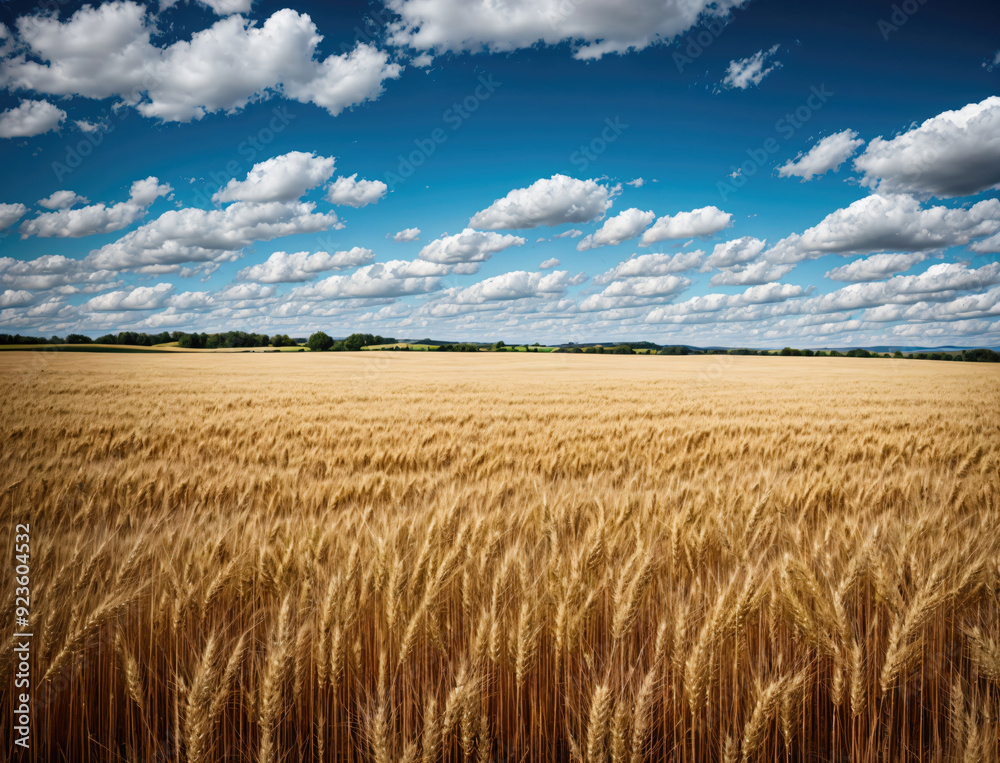 Golden Wheat Field Under Blue Sky With Fluffy White Clouds on a Sunny Day Golden Wheat Field Under Blue Sky With Fluffy White Clouds on a Sunny Day