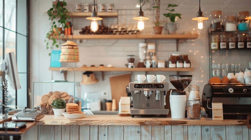 Modern Coffee Shop Interior with Espresso Machine and Rustic Decor Modern Coffee Shop Interior with Espresso Machine and Rustic Decor