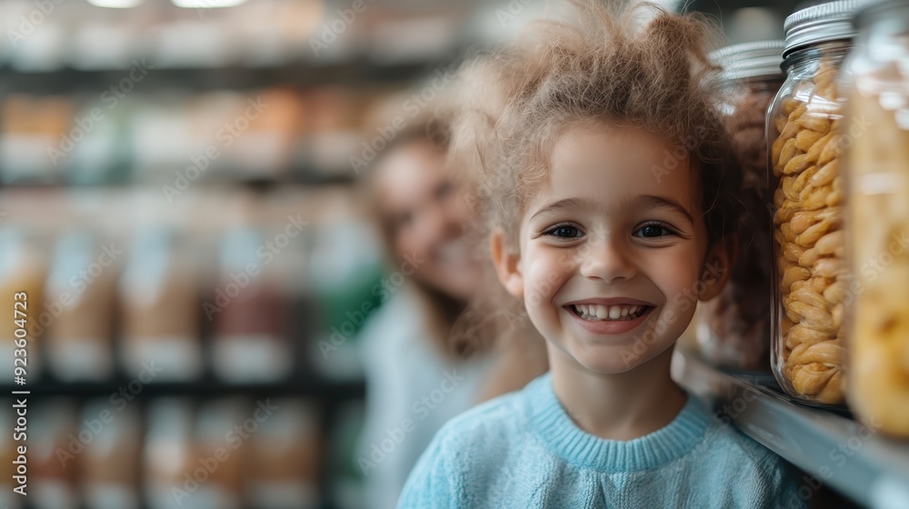 A cheerful child with fluffy hair stands in a grocery store, joyfully smiling at the camera amidst jars of various pantry staples, capturing a moment of pure happiness and childhood innocence. A cheerful child with fluffy hair stands in a grocery store, joyfully smiling at the camera amidst jars of various pantry staples, capturing a moment of pure happiness and childhood innocence.